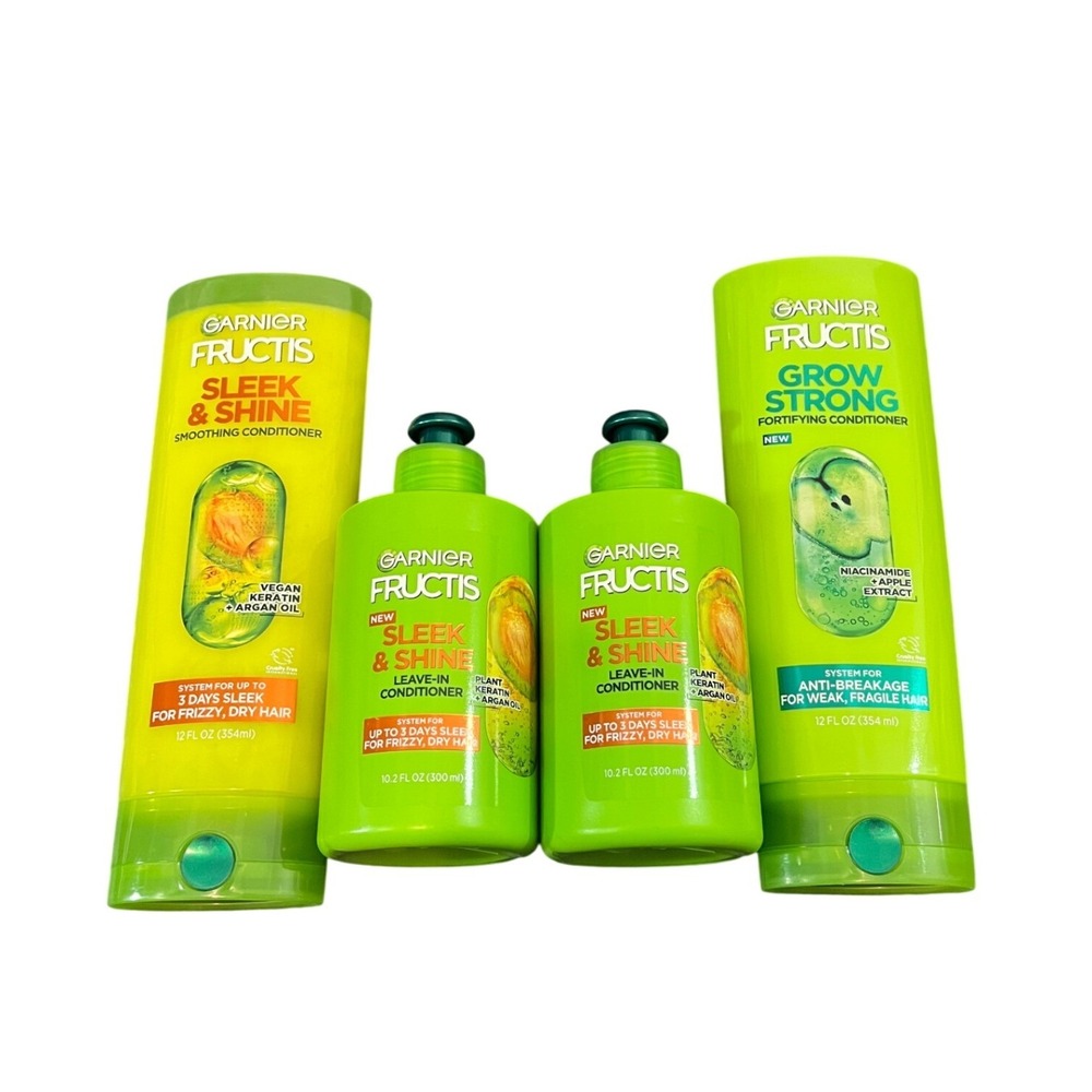 Garnier Fructis Hair Care Set Unisex 4pc Green Sleek & Shine Grow Strong Bundle
